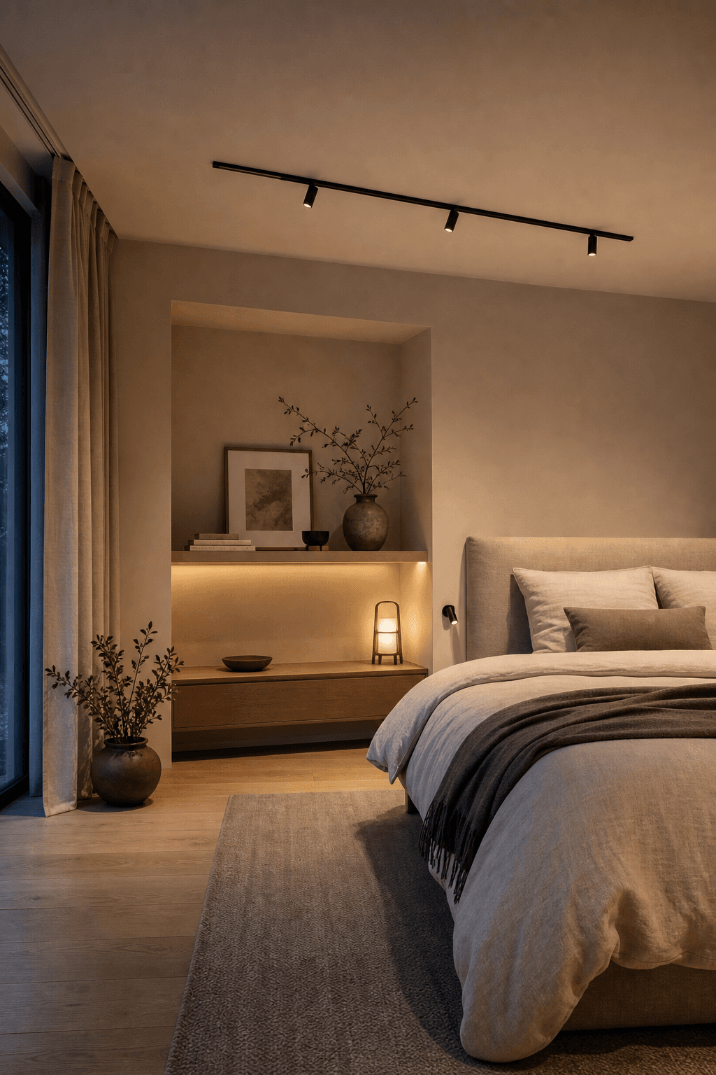 Serene slaapkamer met zwarte dimbare railspots