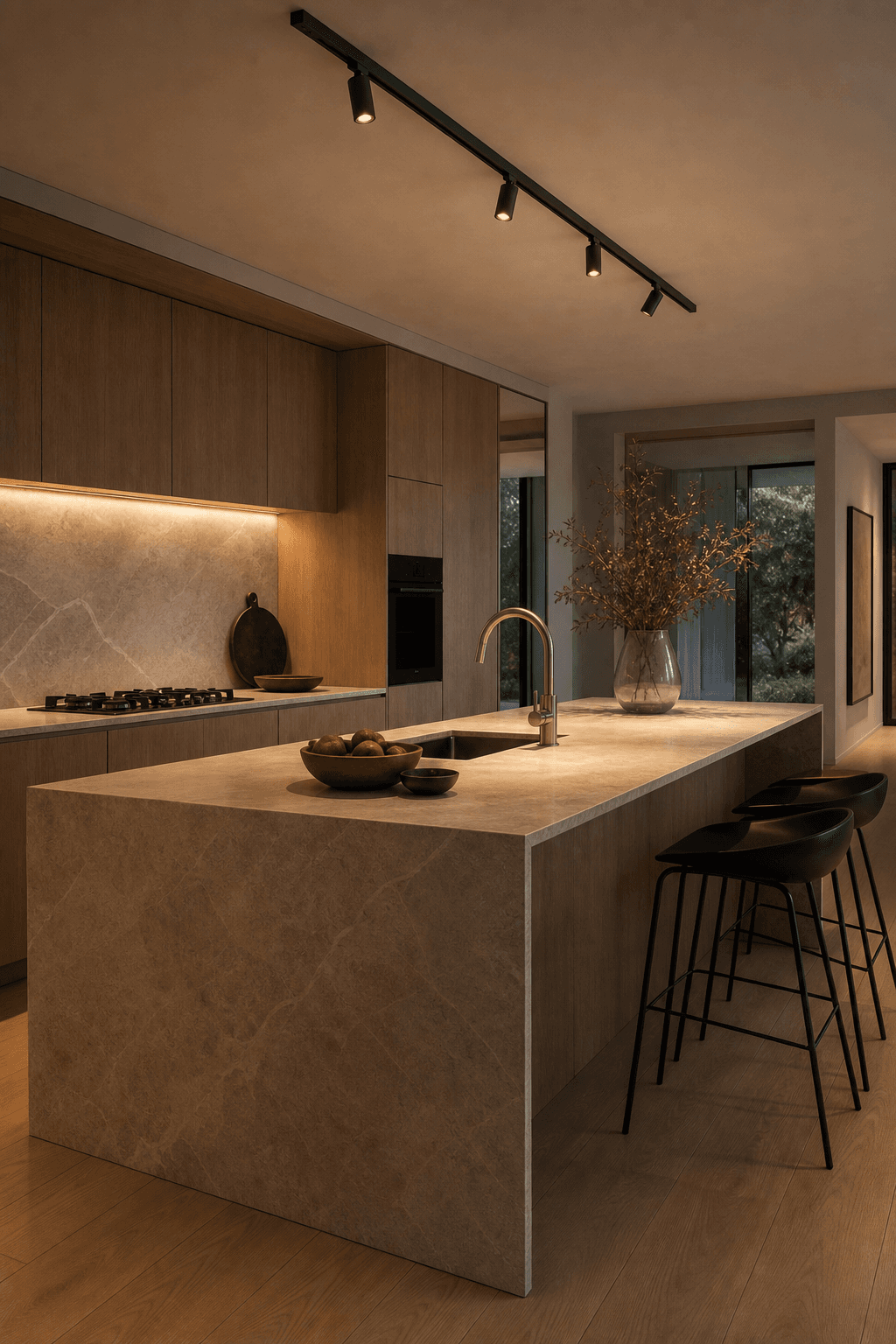Luxe keuken met zwarte railspots boven kookeiland